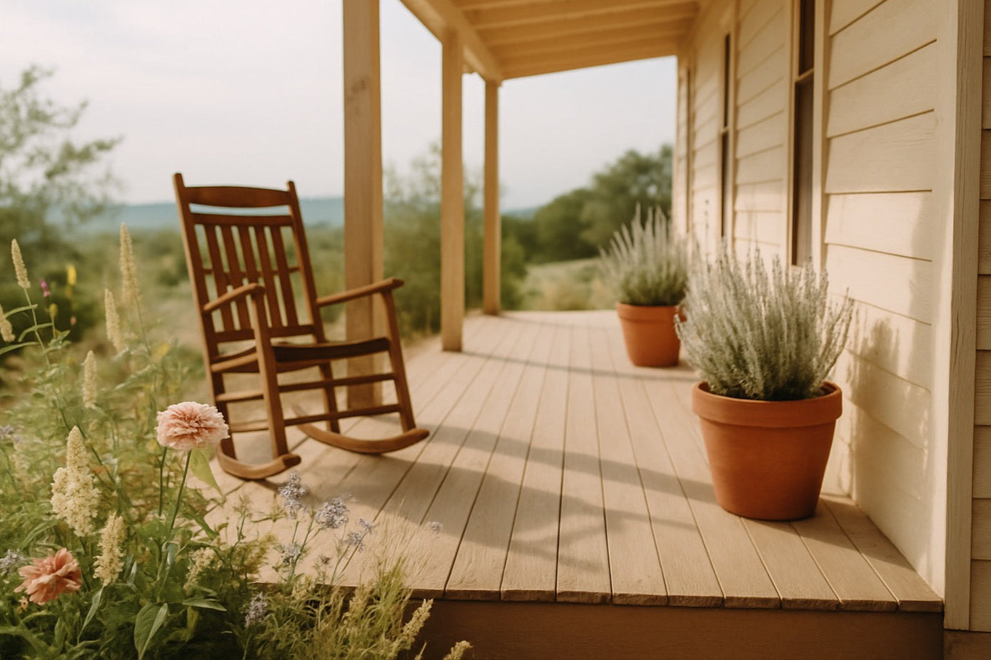 Wooden rocking chair on a porch with potted plants and a scenic view.